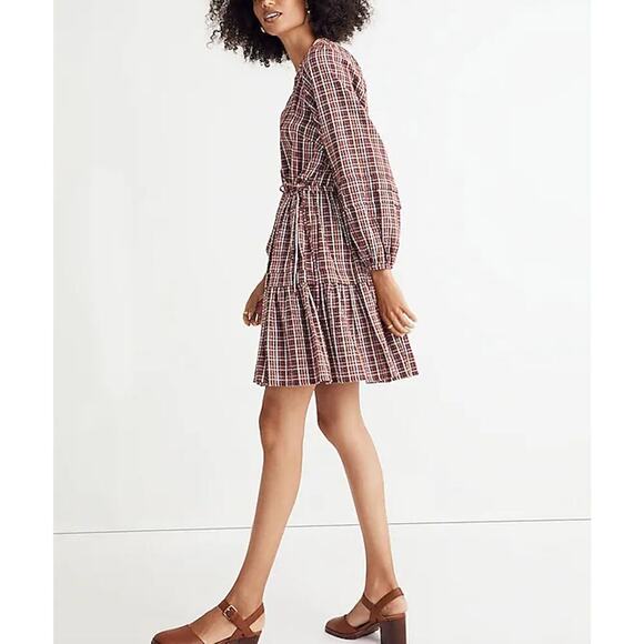 Madewell Seersucker Wrap Mini Dress in Dark Merlot Plaid Print Burgundy Red, XS‎ - Picture 11 of 16